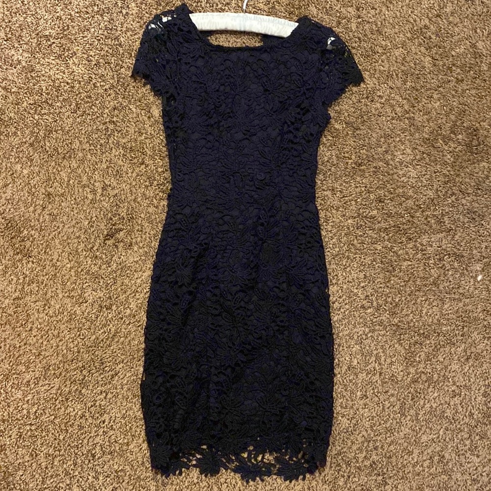 Lulu's Romance Language Navy Blue Backless Lace Dress